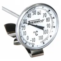 Clip-on dial thermometer for vat and pan mounting. Measures temperature from -10°C to 110°C with +/- 1% accuracy. Features an 8-inch stem and Celsius scale. Suitable for general-purpose liquid and semi-solid temperature monitoring in food processing, chemical mixing, and industrial batch operations