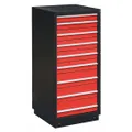 This frame-base cabinet offers 9 drawers, each divided into 6 compartments for a total of 90 compartments. Four drawers have an inside height of 4-3/4 in. The black/red finish suits industrial environments for organizing small parts, tools, and components.