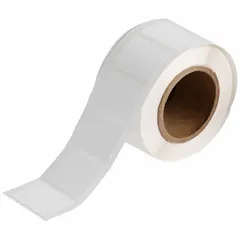 Acrylic permanent adhesive label roll with inkjet print-receptive material, compatible with J2000 printer series. Contains 750 precut labels measuring 1 in x 1 1/2 in. Used for industrial identification, asset tracking, and labeling where permanent marking is required.