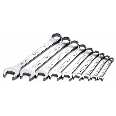 SK PROFESSIONAL TOOLS Combination Wrench Set: Alloy Steel, Chrome, 9 Tools - SAE 6-Point Combination Wrench Sets