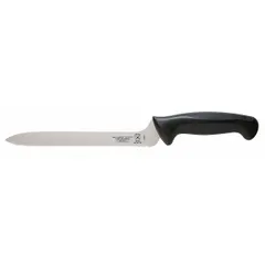 This offset knife features a stamped steel blade with a sharp edge and an overall length of 8 inches. The black handle is made from Santoprene and polypropylene. It is NSF Certified for use in commercial food service environments. The offset design helps reduce hand fatigue during repetitive cutting tasks.