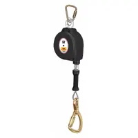 Mounted self-retracting lifeline (SRL) with a 9 ft steel lifeline and steel carabiner connections at both anchorage and harness ends. ANSI Class B (2014) rated, suitable for overhead or waist-level anchoring in fall arrest applications