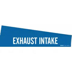 Blue adhesive pipe marker with white legend text reading 'Exhaust Intake'. Designed for pipes with outer diameter of 8 inches and larger. Suitable for identifying exhaust intake piping in industrial facilities, aiding in compliance with pipe-labeling standards. Pack of 5 includes one marker without arrows.