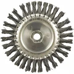 Twisted steel wire wheel brush with 6" diameter, 1/2" width, 5/8"-11 arbor, and 0.02" fill. Designed for heavy cleaning of contoured carbon steel surfaces, removing rust, scale, and weld splatter from irregular shapes. Suitable for metal fabrication, automotive repair, and industrial maintenance.